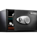 Open black home safe with shelf and digital keypad, showing stored watch and documents. Home Safe With Shelf And Digital Keypad Large Safe