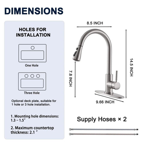 Heavy Duty Kitchen Faucet With Slick Pull Down Sprayer, Lead Free Stainless Steel Sink Tap, dimensions and installation guide.
