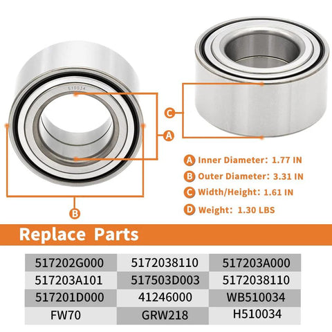 Two Piece Front Wheel Hub Bearing 510034 Direct Fit For Hyundai Azera, showing dimensions and part numbers.
