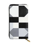 Top Shelf Black And White Piano Plate Grid Long Wallet Premium Synthetic Leather Zipper Closure with geometric design.