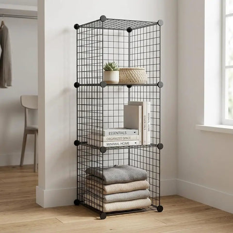20 Grid Wire Mesh Storage Organizer With Interlocking Cube Panels For Tool Sorting Gear Tidy And Closet Makeovers Black Rack with plants and books.