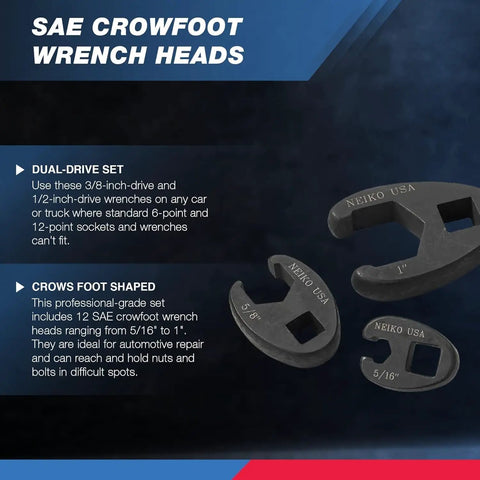 Crowfoot Wrench Set 1/2 Inch and 3/8 Inch Drive, 12-Piece SAE Flare Nut Wrenches displayed with descriptions