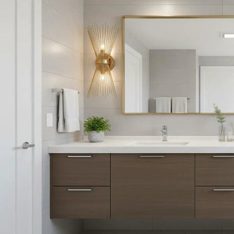 Brass Vanity Light Mid Century Starburst Wall Sconce With Two Light Modern Wall Mounted Bath Fixture beside bathroom mirror