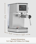 Top Shelf No Fuss 20 Bar Espresso Machine With Built In Grinder And Fast Milk Frother Stainless Steel All In One Coffee Maker showing dimensions