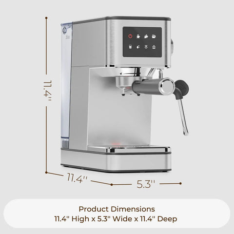 Top Shelf No Fuss 20 Bar Espresso Machine With Built In Grinder And Fast Milk Frother Stainless Steel All In One Coffee Maker showing dimensions