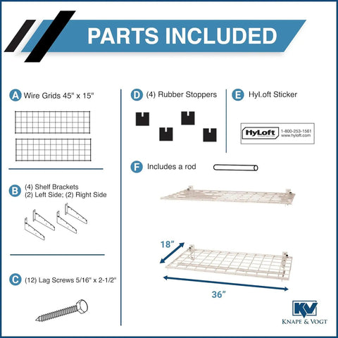 Parts included in Two Pack Heavy Duty Steel Wall Garage Shelving Set 36 In By 18 In Adjustable Shelves With Hanging Rod