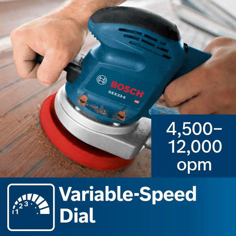 Using the GEX33-6N 6 Inch Multi-Hole Random Orbit Sander And Polisher on a wooden surface with variable-speed dial