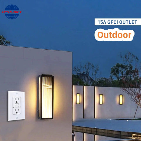 Weatherproof GFCI Outlet Pack 10 Self Test Tamper Resistant UL Listed 15 Amp Receptacle installed outdoors with light fixtures