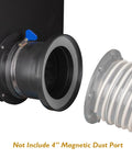 Close-up of O'SKOOL magnetic dust collection 4-inch steel port with built-in rubber cuff, blue clamp, attached to ribbed hose