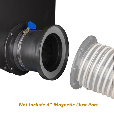 Close-up of O'SKOOL magnetic dust collection 4-inch steel port with built-in rubber cuff, blue clamp, attached to ribbed hose