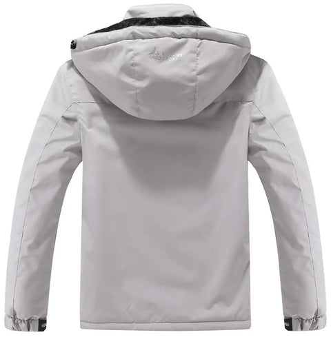 Back view of Hooded Waterproof Winter Ski Jacket For Men With Fleece Lined Interior Warm Snow Coat For Snowboarding Hiking Travel