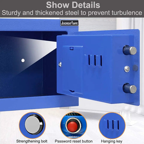 Open blue digital safe box with thickened steel construction, highlighting locking bolts, reset button, and hidden lock for security.