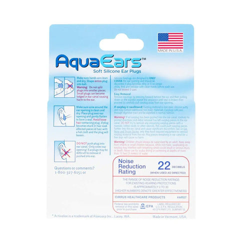 Packaging back for Soft Moldable Silicone Earplugs For Sleep And Swim, 18 Pairs, Waterproof And Noise Reducing, Made In Vermont.