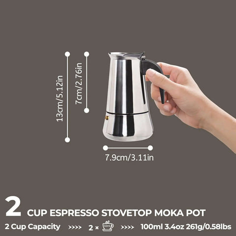 Two Cup 100ml Stainless Steel Moka Pot Espresso Coffee Maker For Stovetop Brewing With Italian Classic Greca Style Mocha Machine