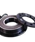 Front view of DZD5 electromagnetic brake: black single-disc rotor with mounting flange and wiring.