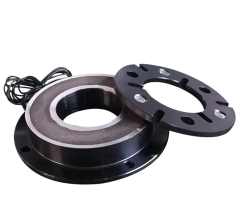 Front view of DZD5 electromagnetic brake: black single-disc rotor with mounting flange and wiring.