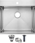 Drop In Kitchen Sink 25 By 22 Inch 8 Inch Deep Top Mount 16 Gauge 304 Stainless Steel Brushed Nickel Single Bowl For RV Camper Laundry Utility Outdoor Bar Kitchen With Drain, shown from top view with included drain components.