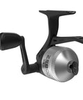 MicroFine Dial-Adjustable Drag Spincast Fishing Reel With Dope Bite Alert and No-Tangle Design in silver and black.