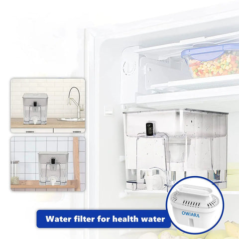 Standard Water Filter Replacement For Pitchers And Dispensers BPA Free 5 Stage Filtration in refrigerator with close-up details
