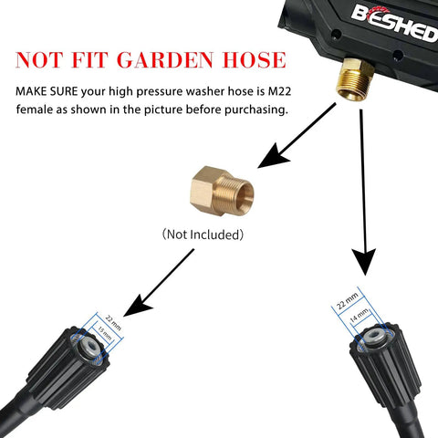 Diagram showing M22 fitting compatibility for Heavy Duty Pressure Washer Gun Kit With 37 Inch Extension Wand, Five Nozzle Tips.