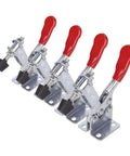 Heavy Duty Woodworking Toggle Clamp For Workbench With Quick Release, Horizontal Push Pull Action Keeps Jigs And Boards Locked Down During Milling Drilling And Assembly, GH-201B Compatible Mounting showing metal clamps with red handles.