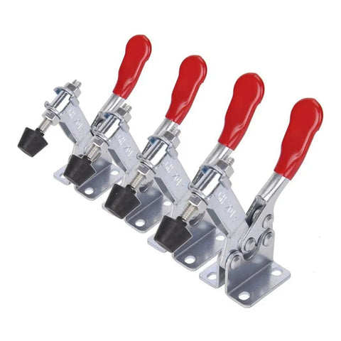 Heavy Duty Woodworking Toggle Clamp For Workbench With Quick Release, Horizontal Push Pull Action Keeps Jigs And Boards Locked Down During Milling Drilling And Assembly, GH-201B Compatible Mounting showing metal clamps with red handles.