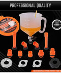 Slick No Drama Spill Proof Coolant Funnel Kit With Universal Adapter Bleeder for easy fluid transfer with orange adapters and funnel.