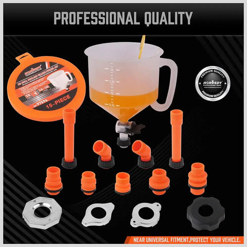 Slick No Drama Spill Proof Coolant Funnel Kit With Universal Adapter Bleeder for easy fluid transfer with orange adapters and funnel.