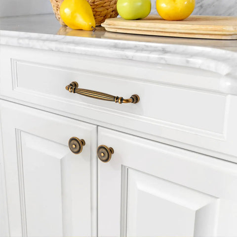 10 Pack 5 Inch Brushed Antique Brass Kitchen Cabinet Handles Super Easy Install Metal Pulls Rust Proof Finish Anti Corrosion Heavy Duty Durable Cabinet Hardware For Modern Kitchens on white cabinet drawer