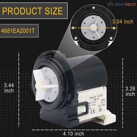 Front view of Seentech washer drain pump motor 4681EA2001T; black housing with white impeller, fits Kenmore/LG washers