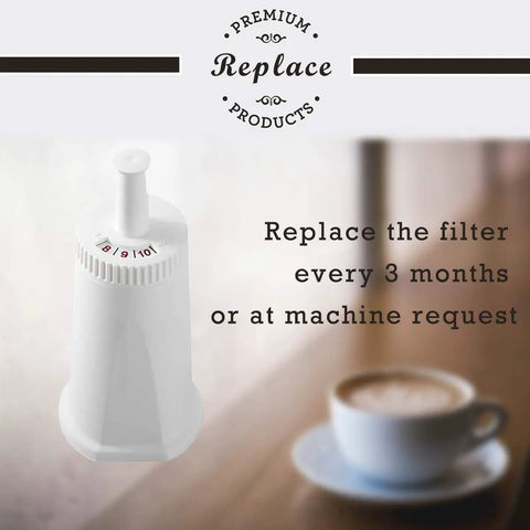 Four Pack Replacement Water Filter For Espresso Machines with visible replacement instructions and a coffee cup.