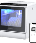 Compact Mini Wifi Smart Countertop Dishwasher With 5L Built In Water Tank And Six Wash Programs, showcasing clean dishes and modern design.