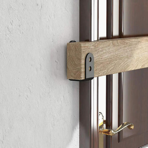 2x4 Door Barricade Brackets blocking wooden door for quick reinforcement, U-shaped black design fits 2x4 lumber, heavy duty security.