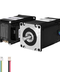 Two black NEMA 23 closed-loop stepper motors with integrated drivers, silver mounting faces, and color-coded cables.