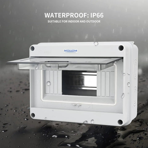 8 Way Circuit Breaker MCB Distribution Box With DIN Rail IP65 Waterproof For Indoor And Outdoor Use Built Tough Weatherproof Electrical Enclosure In Durable PC ABS Construction, shown with open cover on wet surface