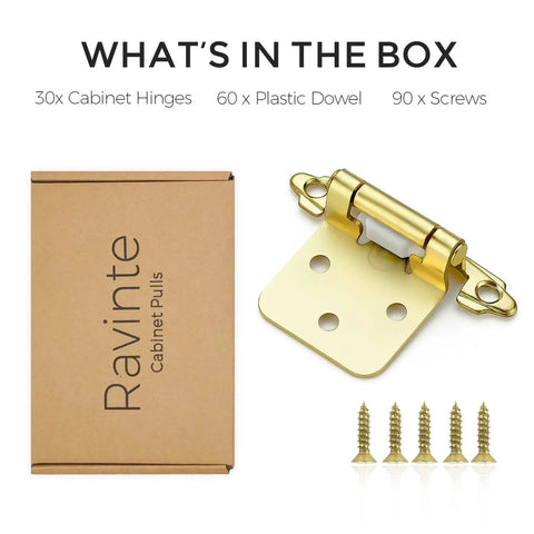 Heavy Duty Gold Cabinet Hinges Half Inch Overlay 30 Pack With Black Screws And Silent Door Bumpers Tough As Nails Quiet Closing Sturdy cupboard hardware in a box.