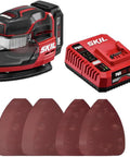 12V Brushless Detail Sander Kit with 12,000 OPM, includes sander, battery charger, and 40 sandpaper sheets, overhead and tight spots
