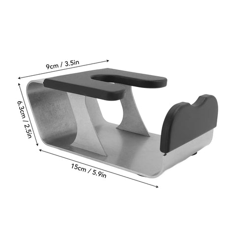 Heavy Duty Built Tough Stainless Steel Portafilter Stand And Espresso Tamper Station For Bottomless Basket Home Barista Workflow, showing dimensions.