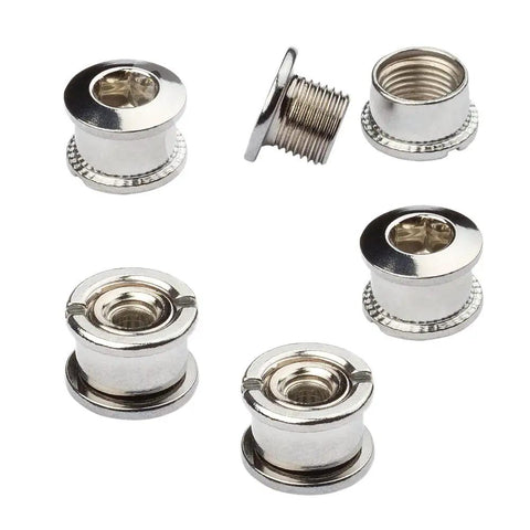Single Chainring Bolt Set 5 Pack In Aluminum Or Steel For 4 Or 5 Bolt Chainrings 7 Mm Thread Depth 10 Mm External Width Hole Depths 5 To 9 Mm Durable Steel Or Lightweight Anodized Aluminum For Ride Ready Looks close-up of steel bolts on white background