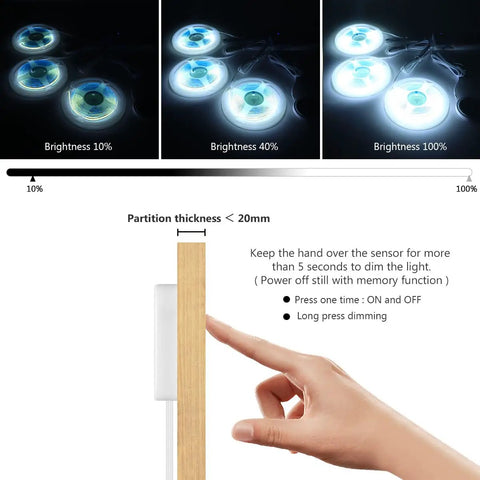 Brightness levels of Dope 12V COB LED Strip Lights Kit with dimmable touch switch instruction for under cabinet lighting installation.