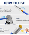 Illustration showing how to use Wire Ferrules Kit 340 Pcs 8 Sizes AWG 2/0 to 12 Tinned Copper Non Insulated Crimp Connectors and Cable End Terminals.