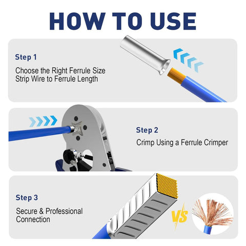 Illustration showing how to use Wire Ferrules Kit 340 Pcs 8 Sizes AWG 2/0 to 12 Tinned Copper Non Insulated Crimp Connectors and Cable End Terminals.