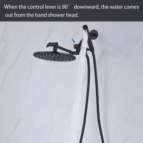 Beefy All Metal Dual Shower Head System with water flow from handheld wand in Matte Black, featuring 8 inch rainfall head and diverter.