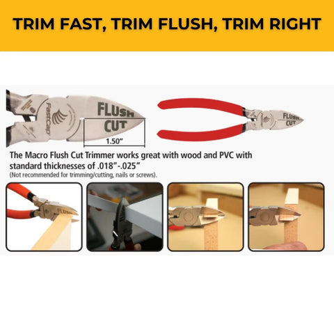 Macro Flush Cut Pliers For Edgebanding And Brad Nails Pro Grade Trim Tool with red handles and cutting blades in packaging.