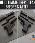 Slap It In Your Tank For A Spotless Finish With This Heavy Duty Ultrasonic Gun Cleaner Solution Concentrate For Metal Firearms Carbon Removal And Tool Degreasing One Gallon. Before and after image of cleaned firearm parts.