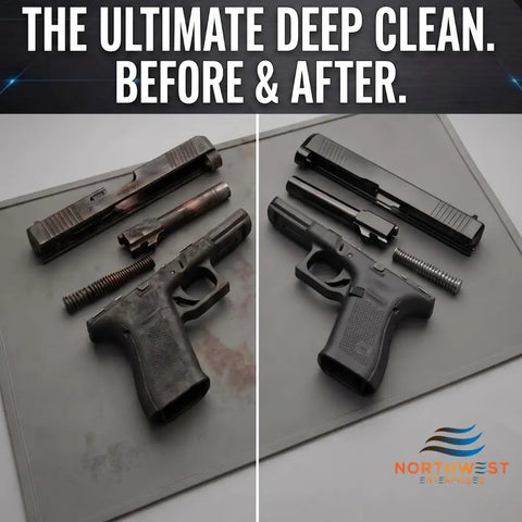 Slap It In Your Tank For A Spotless Finish With This Heavy Duty Ultrasonic Gun Cleaner Solution Concentrate For Metal Firearms Carbon Removal And Tool Degreasing One Gallon. Before and after image of cleaned firearm parts.