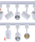 12 Pack LED Track Lighting Heads For Single Circuit H Type Rail Ceiling Spotlight For Accent Task Wall Art Exhibition Lighting 6.5W 500lm 3000K Warm White Dimmable With TRIAC ETL Listed Universal Line Voltage 3 Wire. Two rows of white track lighting heads on a rail, showing rotation mechanism.