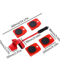 Ergonomic Furniture Lift Mover Tool Set With Non-Slip PVC Handles And Durable Steel Build For Heavy Sofa Lifting Without Back Strain Or Injury, showing red lifter and padded rollers.