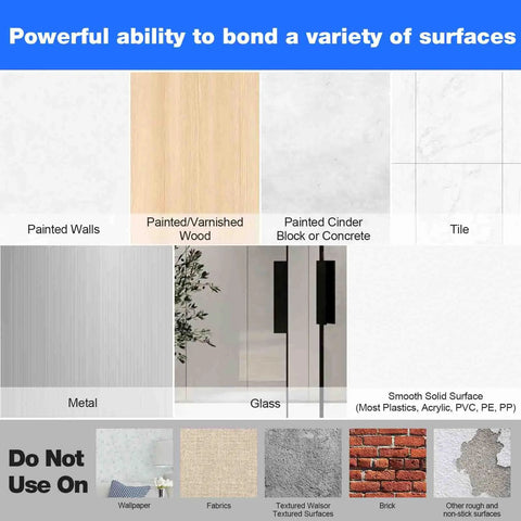 Surfaces suitable and unsuitable for Heavy Duty Hook And Loop Tape 4x8 Inches, 6 Pairs Self Adhesive Interlocking Strips