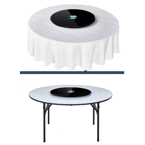 360 Degree Swivel Lazy Susan Turntable For Dining Table with Glass Serving Plate, Black Finish, shown on a round table